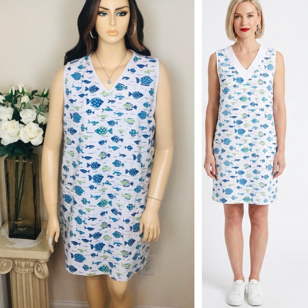TROPICAL ESCAPE Fish Blue Green White V-Neck Pocket Sleeveless Shift Mini Dress